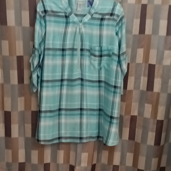 NWT CATHERINES teal white & black plaid quarter sleeve blouse w zipper Sz 2WP - Picture 3 of 5